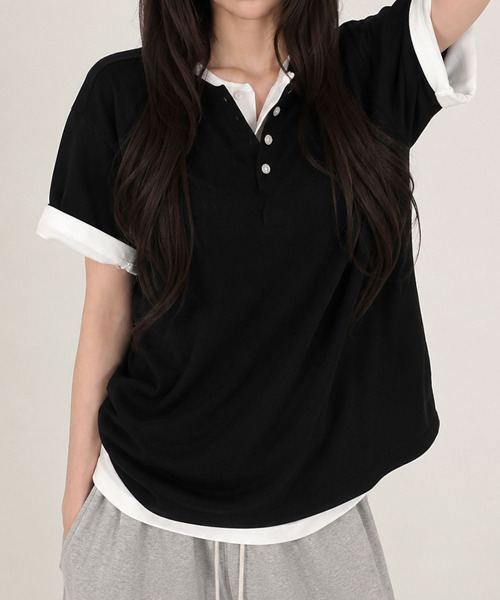 VIVID LADY(ビビッドレディー)の「ヘンリーネック 半袖Tシャツ(Tシャツ/カットソー・レディース・ネイビー/ブラック/アイボリー/レッド/グレー・FREE)」の3枚目の写真