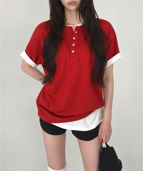 VIVID LADY(ビビッドレディー)の「ヘンリーネック 半袖Tシャツ(Tシャツ/カットソー・レディース・ネイビー/ブラック/アイボリー/レッド/グレー・FREE)」の15枚目の写真