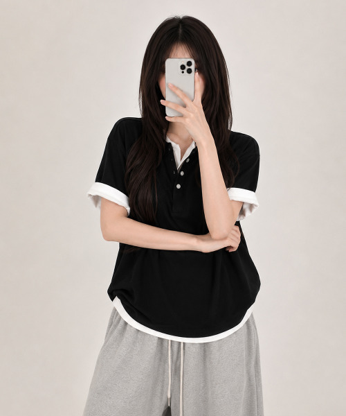 VIVID LADY(ビビッドレディー)の「ヘンリーネック 半袖Tシャツ(Tシャツ/カットソー・レディース・ネイビー/ブラック/アイボリー/レッド/グレー・FREE)」の17枚目の写真
