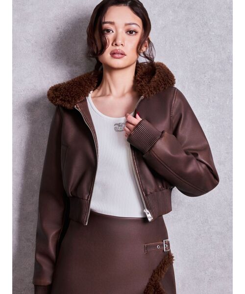 GYDA(ジェイダ)の「vintage fauxフェイクレザーボアショートブルゾン【セットアップ着用可能】(ブルゾン・レディース・ブラウン/ブラック・FREE)」の2枚目の写真