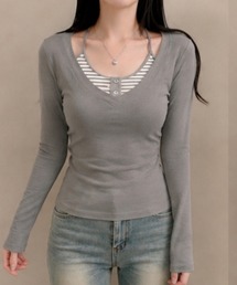 26aw 2点セット/レイヤード風ホルターネックリボン長袖トップス
