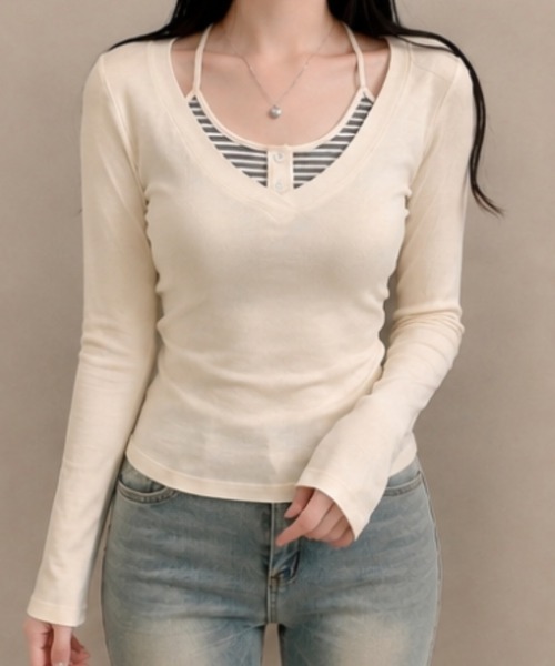 AsRiRe(アスリレイ)の「26aw 2点セット/レイヤード風ホルターネックリボン長袖トップス(Tシャツ/カットソー・レディース・ピンク/ブラック/グレー/ホワイト/アイボリー・M)」の3枚目の写真