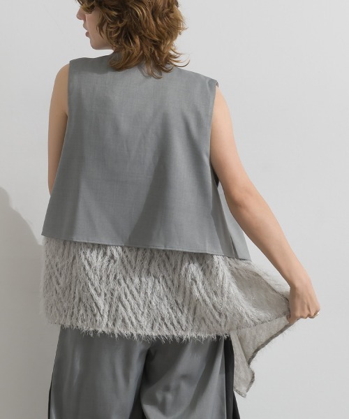 Material（Avenue）（マテリアル）の「【Material】サージ×フリンジジャガード レイヤード裾 ジレ セットアップ可（ベスト・レディース・杢グレー/ブラック/ダークブラウン・FREE）」の6枚目の写真