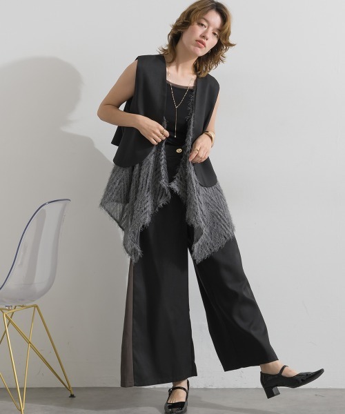 Material（Avenue）（マテリアル）の「【Material】サージ×フリンジジャガード レイヤード裾 ジレ セットアップ可（ベスト・レディース・杢グレー/ブラック/ダークブラウン・FREE）」の9枚目の写真