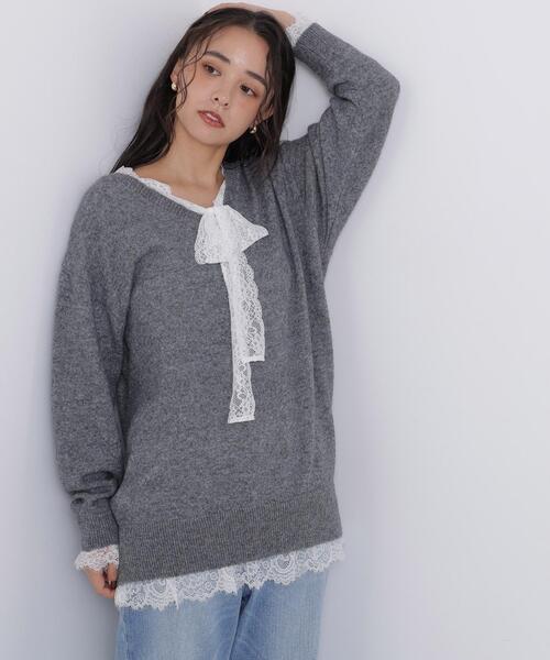 N.(N. Natural Beauty Basic)(エヌエヌナチュラルビューティーベーシック)の「レースリボン付ミドル丈ニット(ニット/セーター・レディース・グレー系その他/ブラック系その他2・FREE)」の2枚目の写真