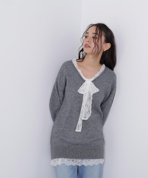 N.(N. Natural Beauty Basic)(エヌエヌナチュラルビューティーベーシック)の「レースリボン付ミドル丈ニット(ニット/セーター・レディース・グレー系その他/ブラック系その他2・FREE)」の3枚目の写真