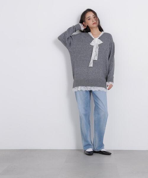 N.(N. Natural Beauty Basic)(エヌエヌナチュラルビューティーベーシック)の「レースリボン付ミドル丈ニット(ニット/セーター・レディース・グレー系その他/ブラック系その他2・FREE)」の4枚目の写真