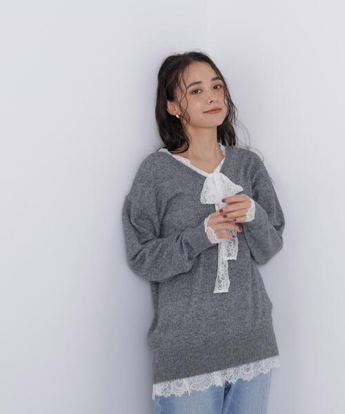 N.(N. Natural Beauty Basic)(エヌエヌナチュラルビューティーベーシック)の「レースリボン付ミドル丈ニット(ニット/セーター・レディース・グレー系その他/ブラック系その他2・FREE)」の5枚目の写真
