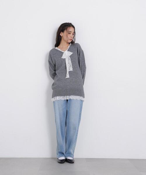 N.(N. Natural Beauty Basic)(エヌエヌナチュラルビューティーベーシック)の「レースリボン付ミドル丈ニット(ニット/セーター・レディース・グレー系その他/ブラック系その他2・FREE)」の6枚目の写真