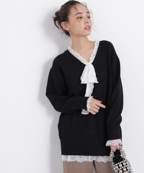 N.(N. Natural Beauty Basic)(エヌエヌナチュラルビューティーベーシック)の「レースリボン付ミドル丈ニット(ニット/セーター・レディース・グレー系その他/ブラック系その他2・FREE)」の16枚目の写真