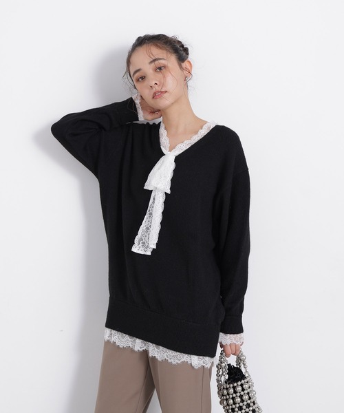 N.(N. Natural Beauty Basic)(エヌエヌナチュラルビューティーベーシック)の「レースリボン付ミドル丈ニット(ニット/セーター・レディース・グレー系その他/ブラック系その他2・FREE)」の18枚目の写真