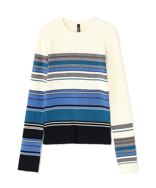 AULA AILA(アウラアイラ)の「AULA AILA/アウラアイラ/ASYMMETRY BORDER RIB KNIT(ニット/セーター・レディース・ブラック/ホワイト系2・0)」の2枚目の写真