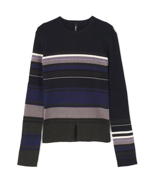 AULA AILA(アウラアイラ)の「AULA AILA/アウラアイラ/ASYMMETRY BORDER RIB KNIT(ニット/セーター・レディース・ブラック/ホワイト系2・0)」の1枚目の写真