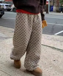 ドット柄 裾ドローコード ボアワイドパンツ
