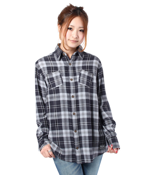 X-girl（エックスガール）の「FLANNEL PLAID SHIRT（シャツ/ブラウス・レディース・ブラック/ネイビー/レッド・1/2）」の2枚目の写真