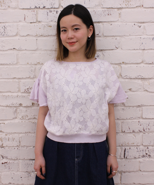 mystic（ミスティック）の「フレア袖レース切替プルオーバー（Tシャツ/カットソー・レディース・オフホワイト/グリーン/ネイビー/ラベンダー/グレー・ﾌﾘ-）」の5枚目の写真