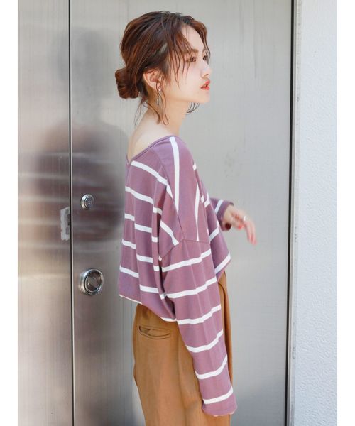 Ungrid（アングリッド）の「カラーボーダーロングスリーブTee（Tシャツ/カットソー・レディース・ベージュ/ライトグレー/オフホワイト/パープル・FREE）」の4枚目の写真