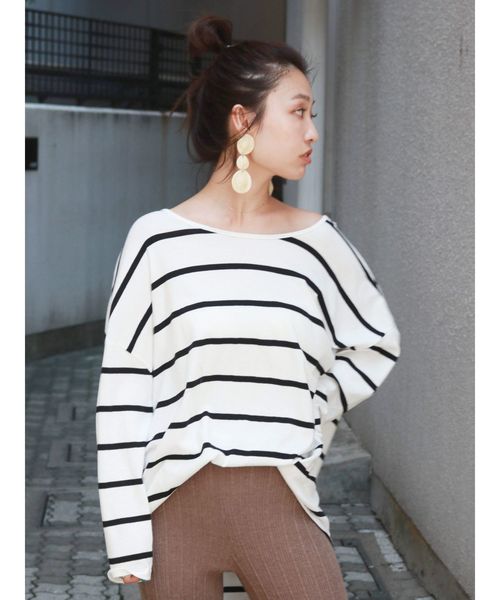 Ungrid（アングリッド）の「カラーボーダーロングスリーブTee（Tシャツ/カットソー・レディース・ベージュ/ライトグレー/オフホワイト/パープル・FREE）」の2枚目の写真