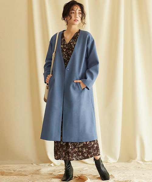 Pierrot(ピエロ)の「メルトンノーカラーロングコート(ノーカラージャケット)」|ブルー系その他