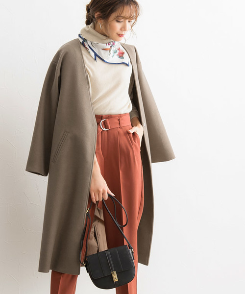 Pierrot(ピエロ)の「メルトンノーカラーロングコート(ノーカラージャケット)」|モカ