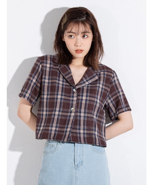 fifth calin(フィフスカラン)の「開襟チェックシャツ(シャツ/ブラウス・レディース・ホワイト/ブラウン・MEDIUM)」の2枚目の写真