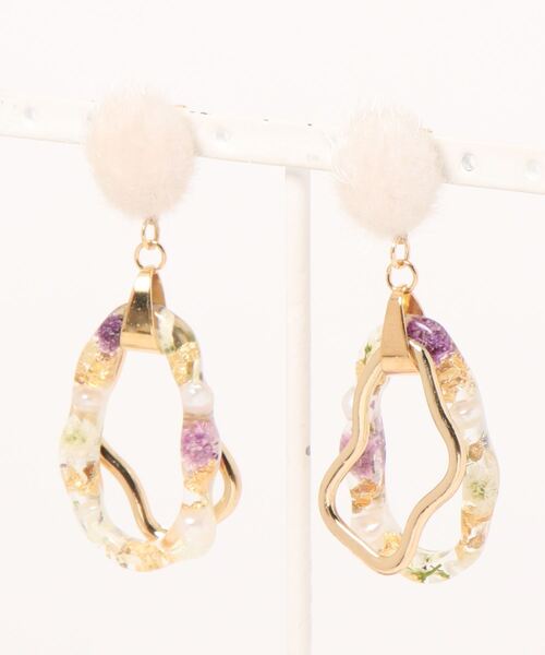 tone(トーン)の「【S.coeuf】ピアス ファーカボション×お花の不規則リング(MA)(ピアス(両耳用)・レディース・ホワイト/ネイビー/カーキ・FREE)」の6枚目の写真