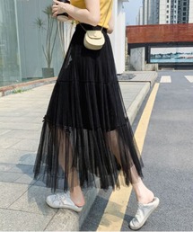 リボンプリーツチュールロングスカート