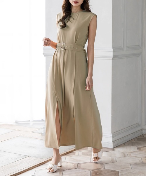 Julia Boutique（ジュリアブティック）の「ベルト付きスリットデザインマキシ丈ワンピース/22057（ワンピース・レディース・ブラック/オレンジ/ベージュ・ONE）」の3枚目の写真