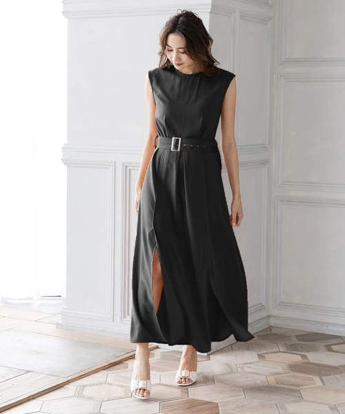 Julia Boutique（ジュリアブティック）の「ベルト付きスリットデザインマキシ丈ワンピース/22057（ワンピース・レディース・ブラック/オレンジ/ベージュ・ONE）」の4枚目の写真