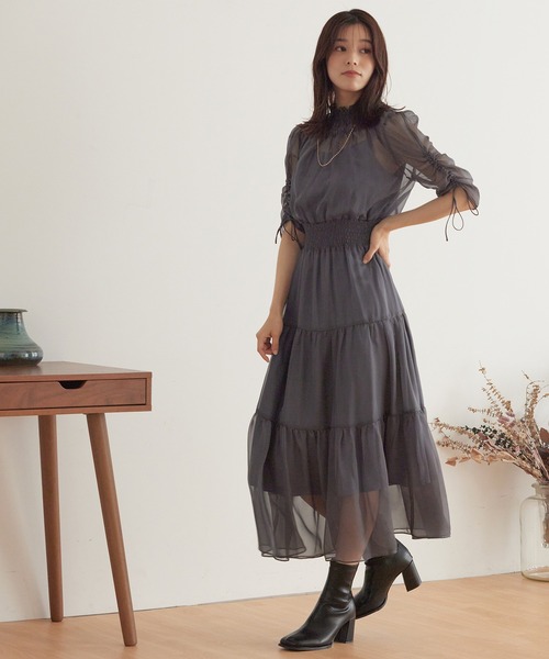 Kana（カナ）の「ハイネック ティアード シアー ワンピース パーティー ドレス 結婚式 お呼ばれ オケージョン（ドレス・レディース・アーミー/マスタード/ピンク系その他/ブルーグレー/ライトカーキ・M/L/S）」の7枚目の写真