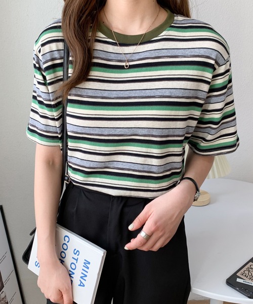 Diosfront(ディオスフロント)の「マルチボーダー半袖Tシャツ(Tシャツ/カットソー・レディース・ブルー系その他/グリーン系その他/ブラウン系その他/ピンク系その他・M/L)」の6枚目の写真