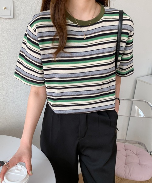 Diosfront(ディオスフロント)の「マルチボーダー半袖Tシャツ(Tシャツ/カットソー・レディース・ブルー系その他/グリーン系その他/ブラウン系その他/ピンク系その他・M/L)」の9枚目の写真