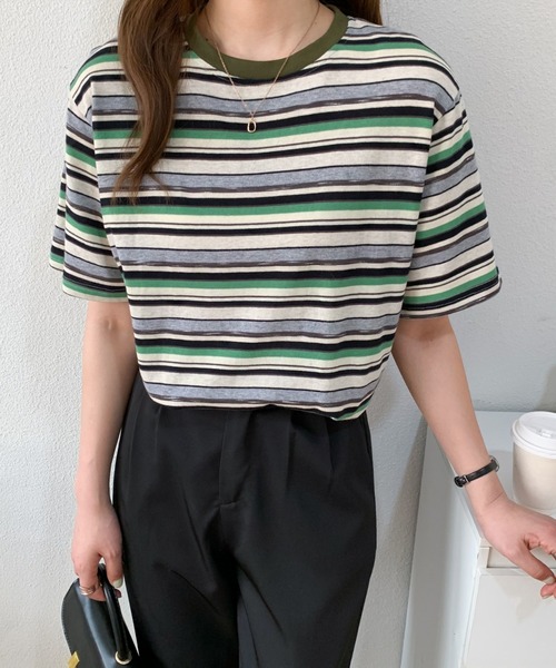 Diosfront(ディオスフロント)の「マルチボーダー半袖Tシャツ(Tシャツ/カットソー・レディース・ブルー系その他/グリーン系その他/ブラウン系その他/ピンク系その他・M/L)」の13枚目の写真