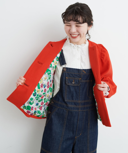 Dot＆Stripes CHILD WOMAN（ドットアンドストライプス　チャイルドウーマン）の「スーパー100’s メルトン ショートコート（ノーカラーコート・レディース・ブラウン/レッド/ネイビー・FREE）」の18枚目の写真