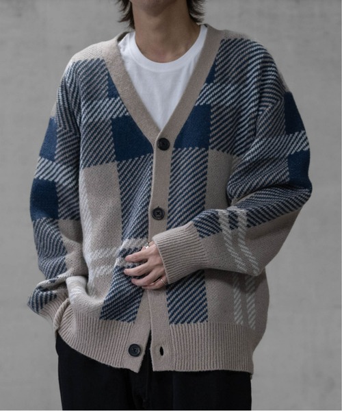 Naive magic(ナイーブマジック)の「【a】ダブルジャガードニット チェック カーディガン(カーディガン/ボレロ・メンズ・グリーン/イエロー/ブラック/ブラック系その他/ベージュ・MEDIUM/LARGE)」の12枚目の写真
