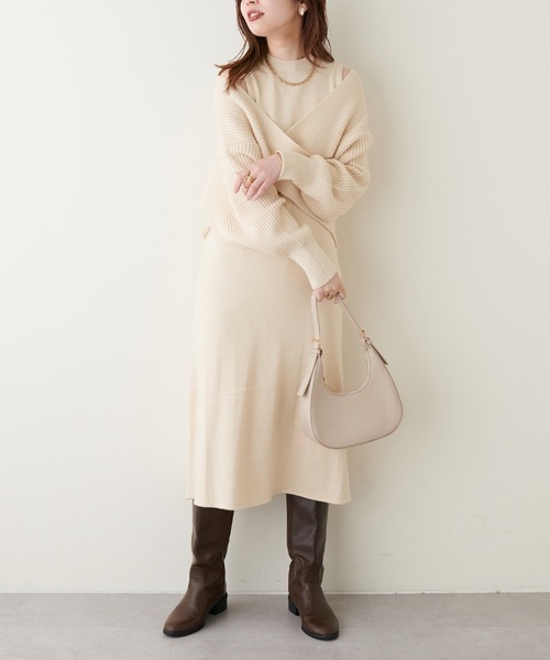 natural couture(ナチュラルクチュール)の「WEB限定アイテム/大好評リバイバルアイテム クロスニット+ノースリーブワンピースセット(ワンピース・レディース・アイボリー/ピンク/モカ/ブラック・FREE)」の7枚目の写真