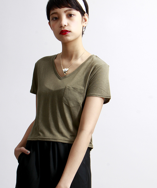 WEGO（ウィゴー）の「WEGO/リネンモダールVネックショートTシャツ（Tシャツ/カットソー・レディース・ホワイト/ホワイト系その他/ブラック/カーキ・FREE）」の4枚目の写真