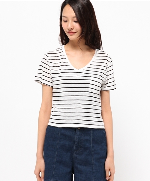 WEGO（ウィゴー）の「WEGO/リネンモダールVネックショートTシャツ（Tシャツ/カットソー・レディース・ホワイト/ホワイト系その他/ブラック/カーキ・FREE）」の5枚目の写真