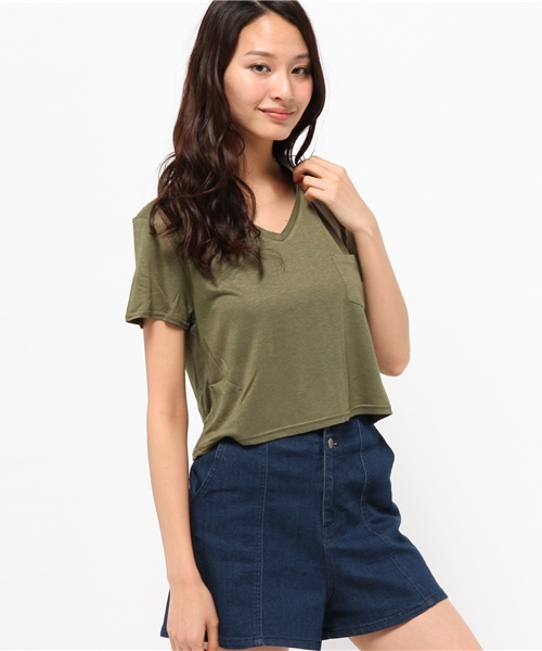 WEGO（ウィゴー）の「WEGO/リネンモダールVネックショートTシャツ（Tシャツ/カットソー・レディース・ホワイト/ホワイト系その他/ブラック/カーキ・FREE）」の14枚目の写真