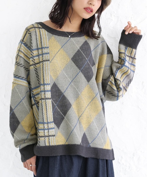 osharewalker（オシャレウォーカー）の「【廃盤】『アーガイル×チェック柄切替ニット』（ニット/セーター・レディース・イエロー/ボルドー・FREE）」の2枚目の写真