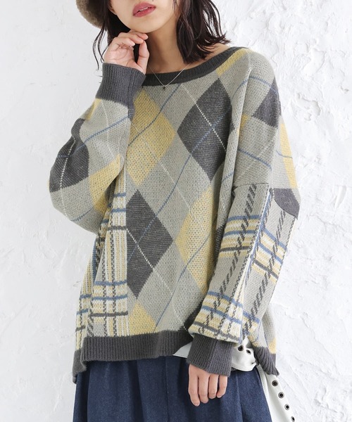 osharewalker（オシャレウォーカー）の「【廃盤】『アーガイル×チェック柄切替ニット』（ニット/セーター・レディース・イエロー/ボルドー・FREE）」の17枚目の写真