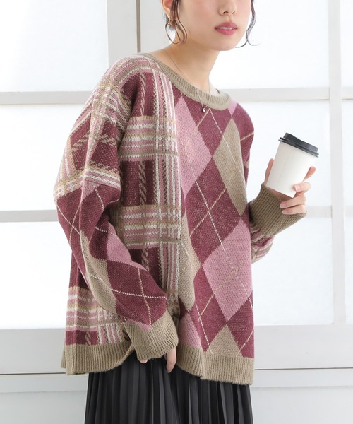 osharewalker（オシャレウォーカー）の「【廃盤】『アーガイル×チェック柄切替ニット』（ニット/セーター・レディース・イエロー/ボルドー・FREE）」の8枚目の写真