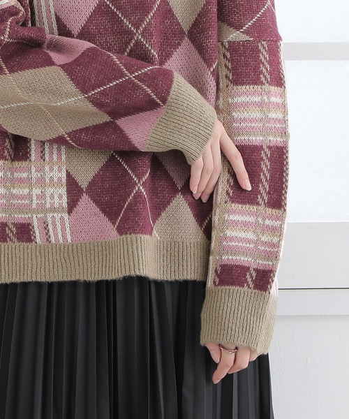 osharewalker（オシャレウォーカー）の「【廃盤】『アーガイル×チェック柄切替ニット』（ニット/セーター・レディース・イエロー/ボルドー・FREE）」の4枚目の写真