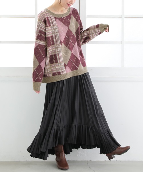 osharewalker（オシャレウォーカー）の「【廃盤】『アーガイル×チェック柄切替ニット』（ニット/セーター・レディース・イエロー/ボルドー・FREE）」の11枚目の写真