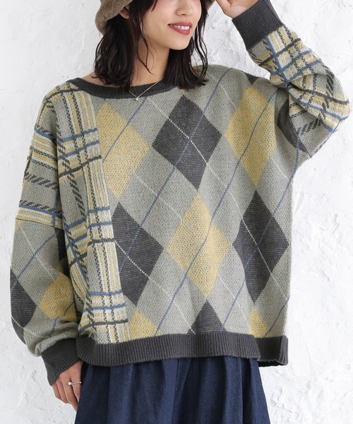 osharewalker（オシャレウォーカー）の「【廃盤】『アーガイル×チェック柄切替ニット』（ニット/セーター・レディース・イエロー/ボルドー・FREE）」の3枚目の写真