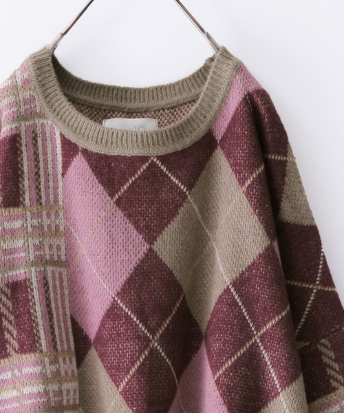 osharewalker（オシャレウォーカー）の「【廃盤】『アーガイル×チェック柄切替ニット』（ニット/セーター・レディース・イエロー/ボルドー・FREE）」の7枚目の写真