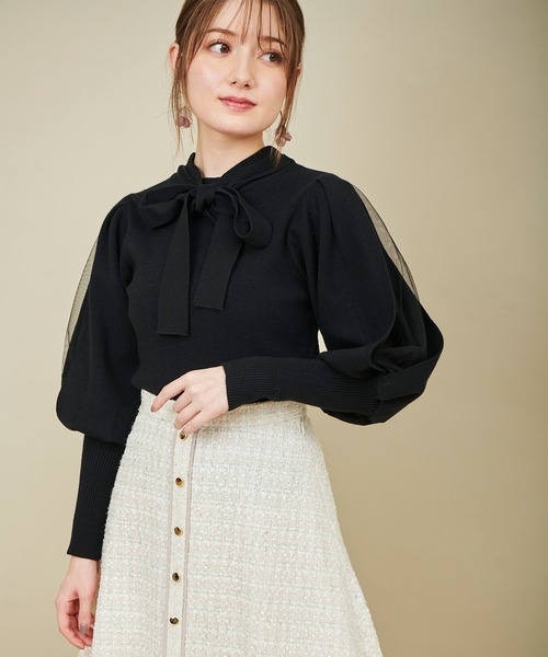 31 Sons de mode（トランテアン　ソン　ドゥ　モード）の「パフスリーブボウタイニット（ニット/セーター・レディース・オフホワイト/ブラック/ピンク・36）」の2枚目の写真
