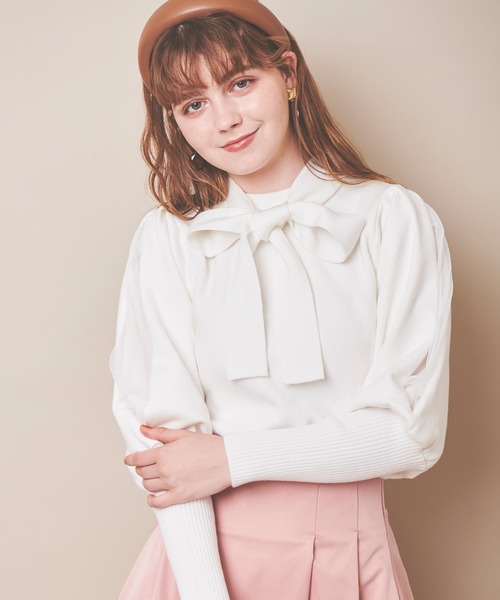 31 Sons de mode（トランテアン　ソン　ドゥ　モード）の「パフスリーブボウタイニット（ニット/セーター・レディース・オフホワイト/ブラック/ピンク・36）」の10枚目の写真