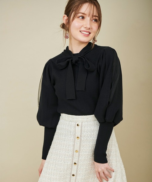31 Sons de mode（トランテアン　ソン　ドゥ　モード）の「パフスリーブボウタイニット（ニット/セーター・レディース・オフホワイト/ブラック/ピンク・36）」の19枚目の写真
