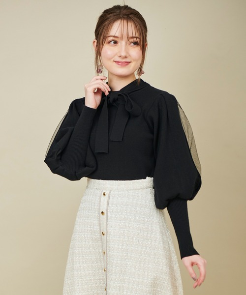 31 Sons de mode（トランテアン　ソン　ドゥ　モード）の「パフスリーブボウタイニット（ニット/セーター・レディース・オフホワイト/ブラック/ピンク・36）」の20枚目の写真